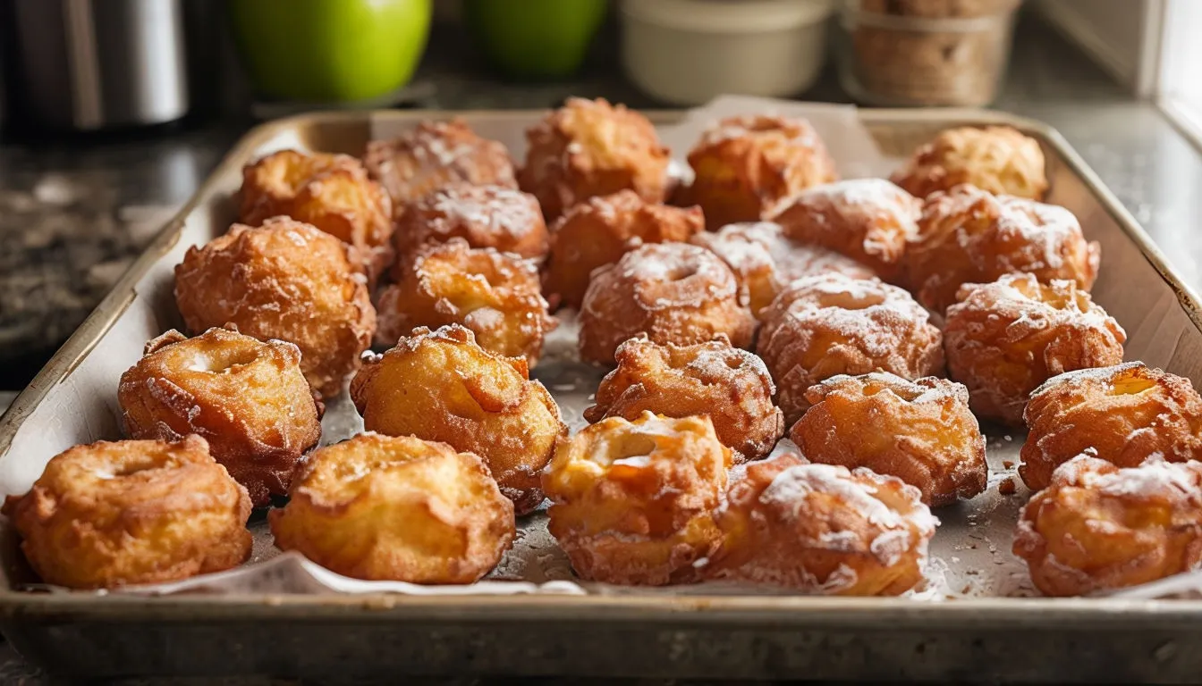 Beignets aux pommes dorés fraîchement préparés sur le comptoir d'une cuisine familiale.