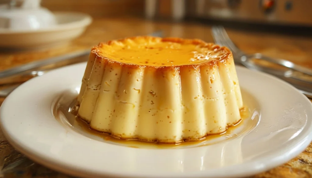 Flan pâtissier doré dans une cuisine familiale