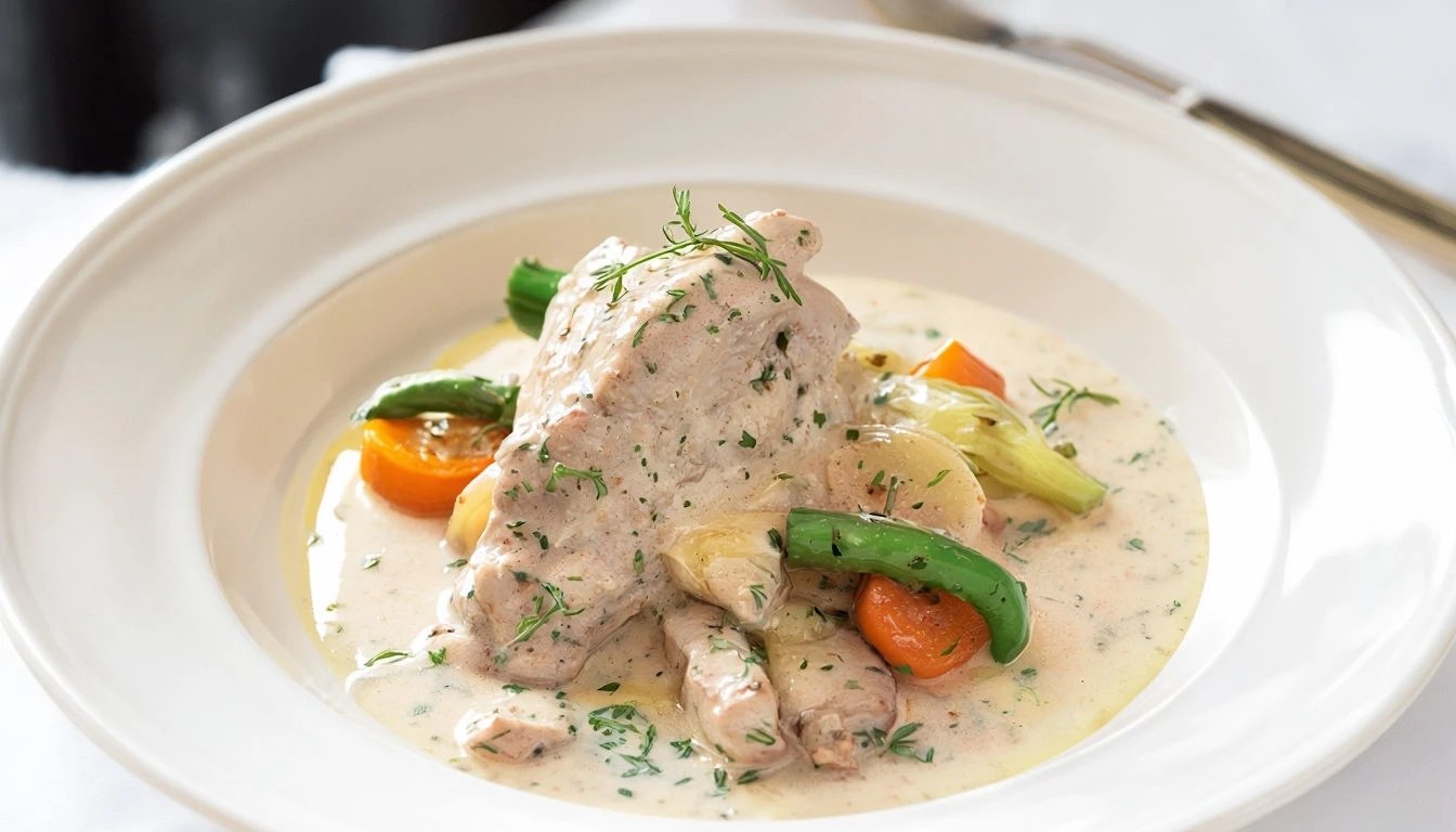 Blanquette de veau à l'ancienne servie dans une assiette avec légumes et sauce crémeuse