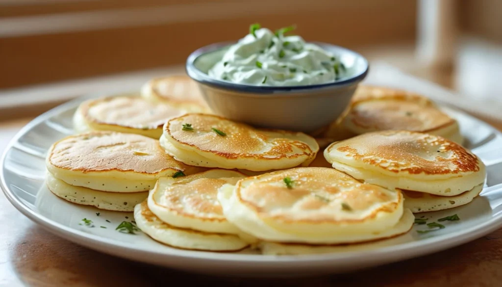 Blinis maison dorés et crème d’herbes servis dans une cuisine de maison.