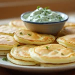 Blinis maison dorés et crème d’herbes servis dans une cuisine de maison.