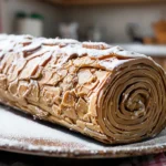 Bûche de Noël au praliné faite maison, décorée de sucre glace et prête à être dégustée