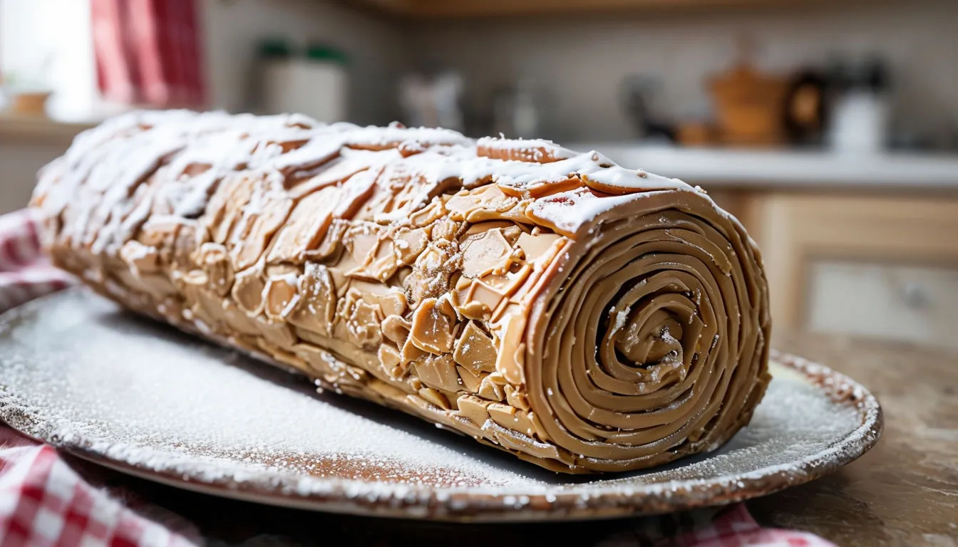 Bûche de Noël au praliné faite maison, décorée de sucre glace et prête à être dégustée