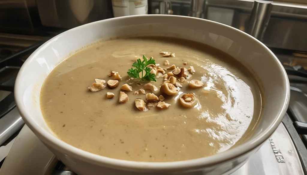 Cappuccino de cèpes crémeux avec éclats de noisettes dans une cuisine de maison