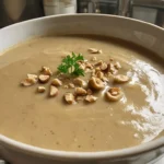 Cappuccino de cèpes crémeux avec éclats de noisettes dans une cuisine de maison