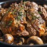 Coq au vin rouge servi dans une cocotte en fonte dans une cuisine familiale.