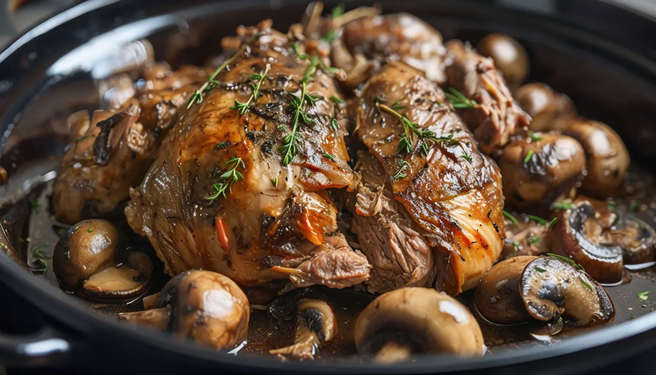 Coq au vin rouge servi dans une cocotte en fonte dans une cuisine familiale.