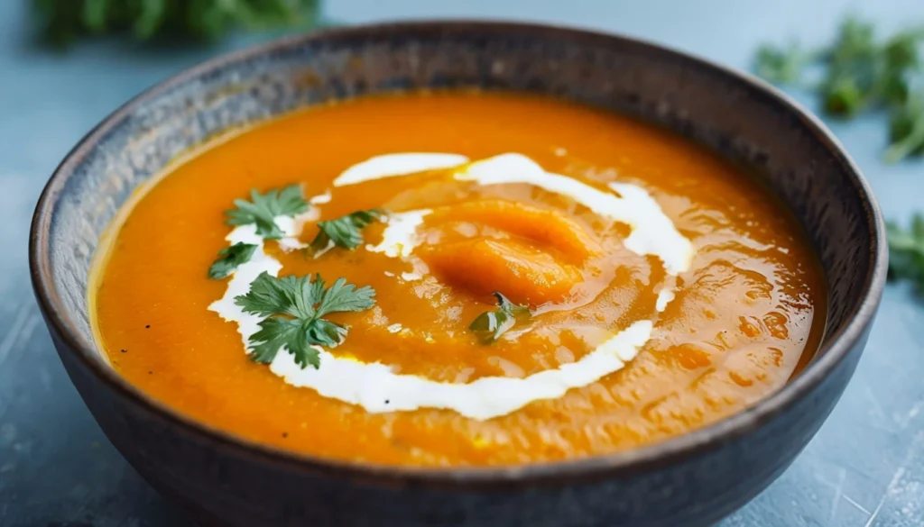 Bol de crème de carottes au cumin et coriandre sur un plan de travail en bois dans une cuisine maison