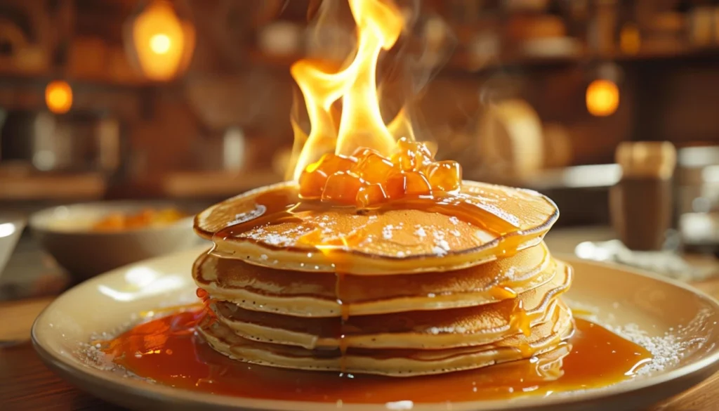 Crêpes Suzette flambées avec sauce au beurre d’orange servies dans une cuisine maison