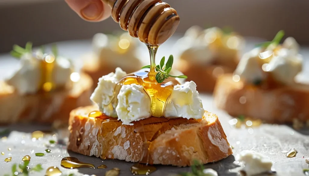 Crostinis dorés au chèvre et miel dans une cuisine de maison.