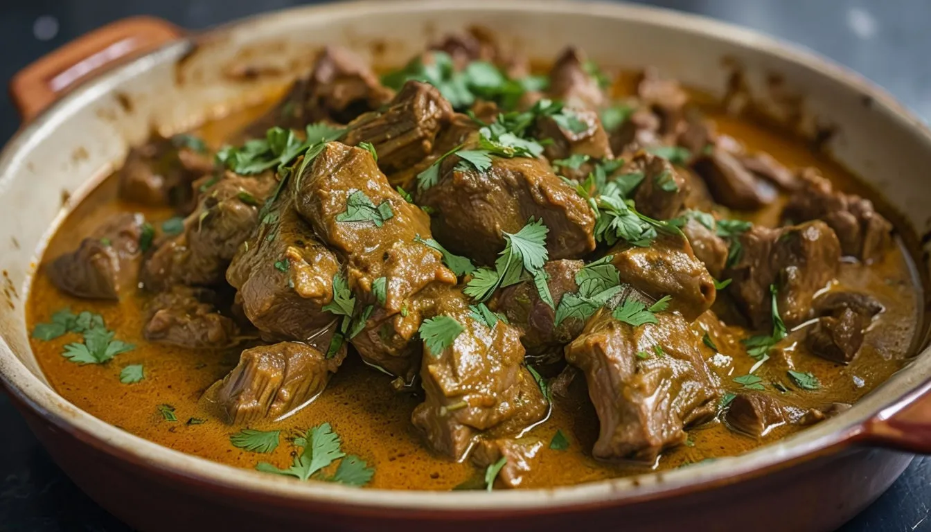 Curry d'agneau mijoté à la française avec coriandre et épices dans une cuisine de maison.