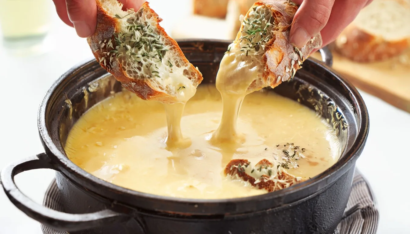 Fondue savoyarde aux trois fromages servie en cuisine de maison.