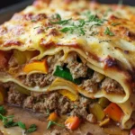 Lasagnes d’automne gratinées aux légumes et viande dans une cuisine familiale