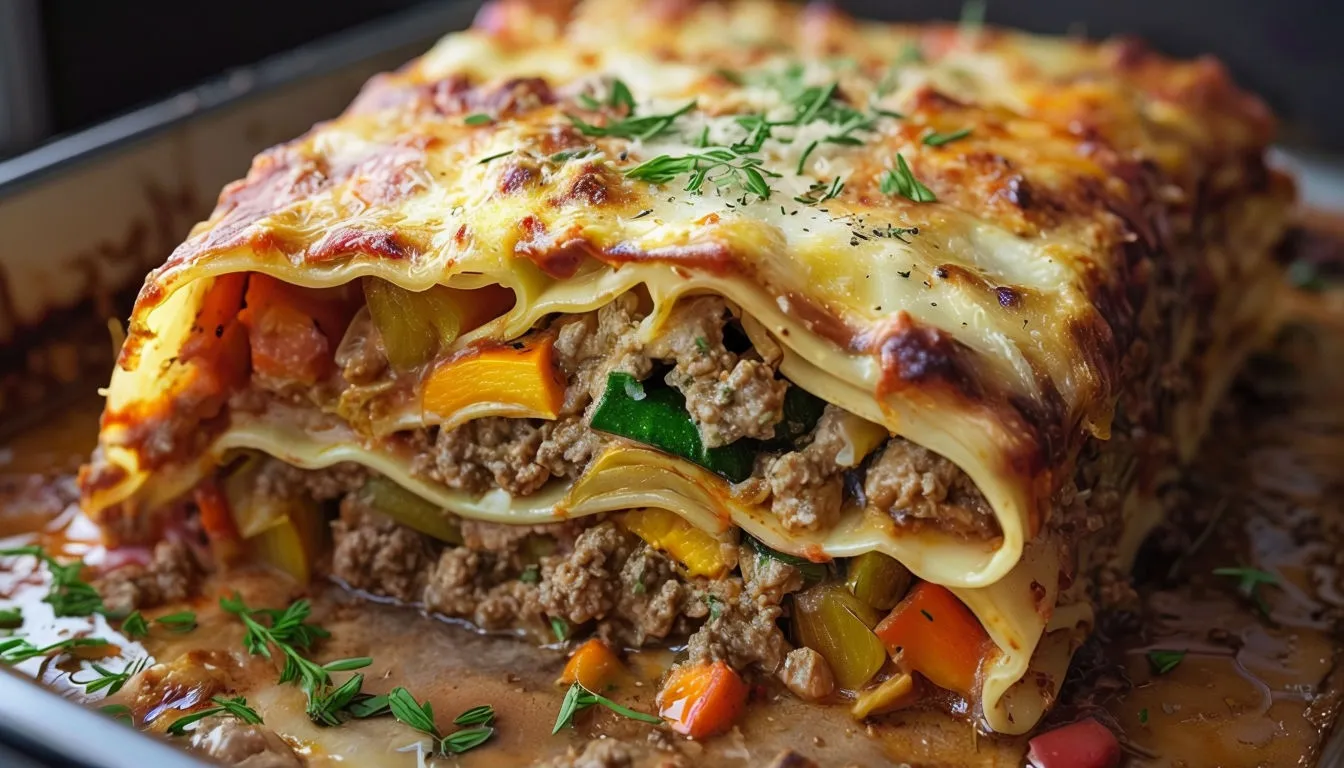 Lasagnes d’automne gratinées aux légumes et viande dans une cuisine familiale