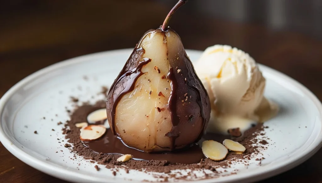 Poire Belle-Hélène nappée de chocolat chaud avec glace vanille et amandes grillées sur une assiette dans une cuisine maison.