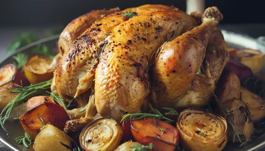 Poulet rôti aux herbes avec légumes d’hiver dans une cuisine familiale