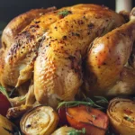 Poulet rôti aux herbes avec légumes d’hiver dans une cuisine familiale