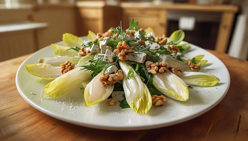 Salade d'endives, noix et roquefort présentée dans une cuisine de maison.