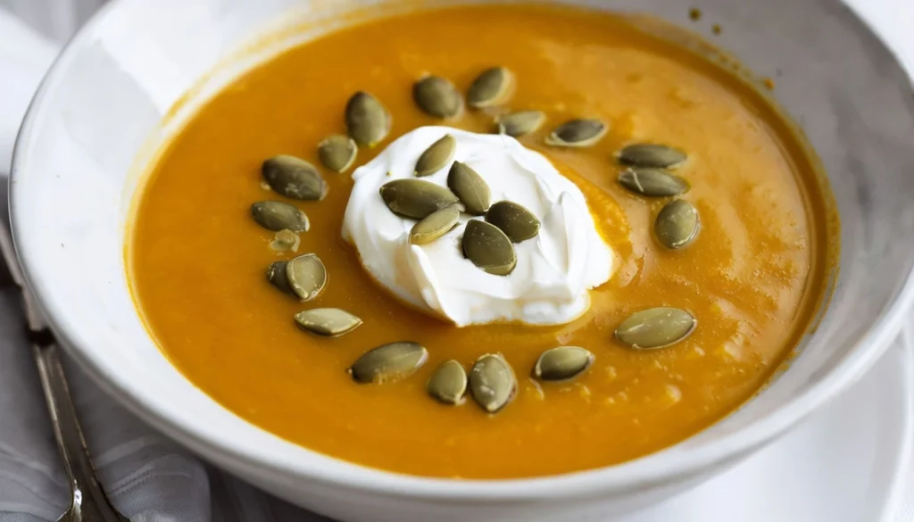 Bol de soupe de potiron avec des graines de courge et crème fraîche dans une cuisine.