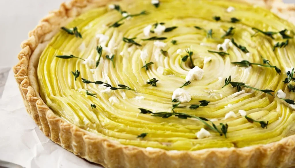 Tarte aux poireaux et fromage de chèvre prête à servir dans une cuisine familiale.