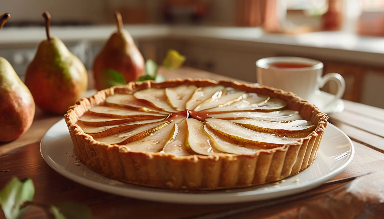 Tarte aux poires finie dans une cuisine maison, Ingrédients pour la tarte aux poires