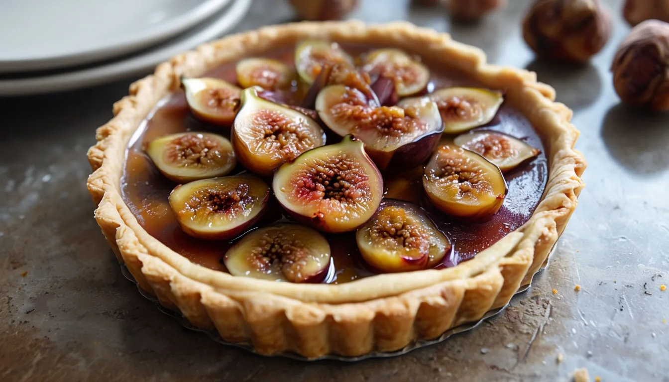 tartelette aux figues et crème de marrons maison dans une cuisine familiale.