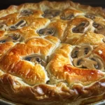 Tourte aux champignons et poulet maison avec croûte dorée dans une cuisine de maison