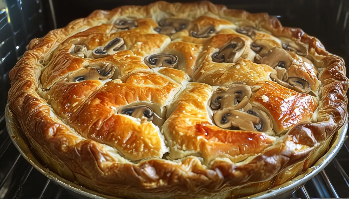 Tourte aux champignons et poulet maison avec croûte dorée dans une cuisine de maison