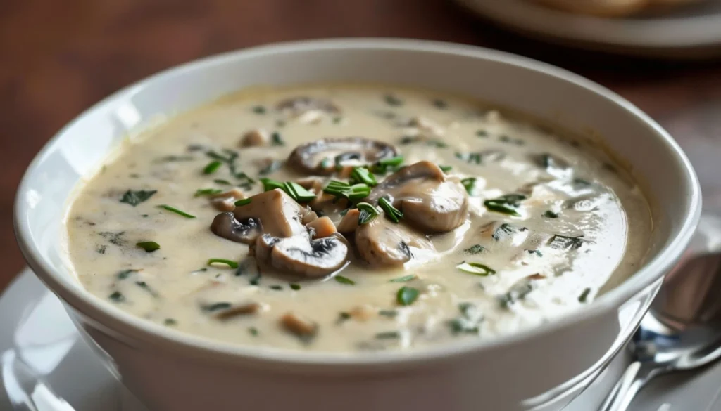 Velouté de champignons à la crème servi dans un bol en céramique, sur une table en bois dans une cuisine accueillante.