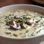 Velouté de champignons à la crème servi dans un bol en céramique, sur une table en bois dans une cuisine accueillante.