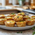 Assiette de mini quiches lorraines dorées sur une table de cuisine familiale.