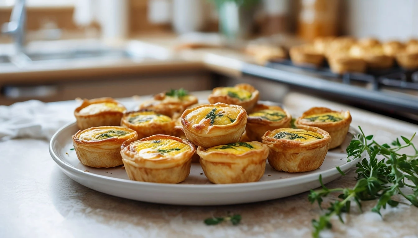 Assiette de mini quiches lorraines dorées sur une table de cuisine familiale.