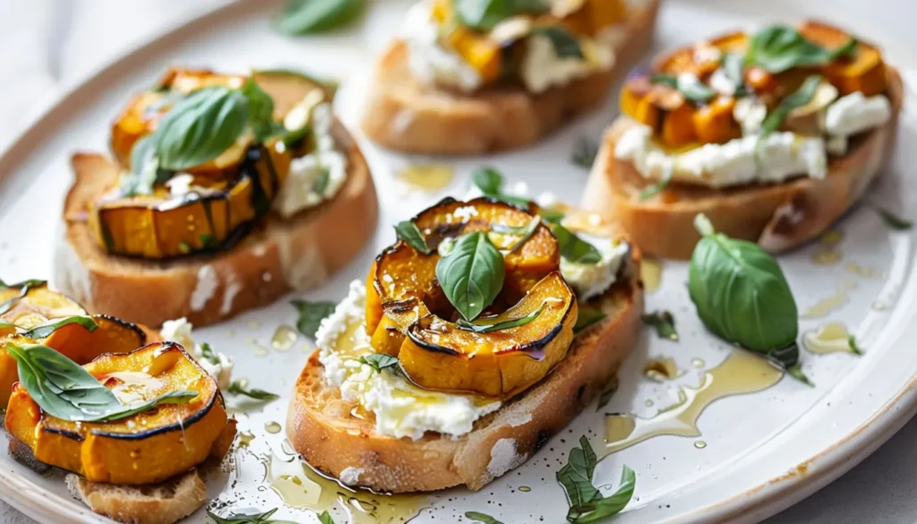 Bruschetta de courge rôtie et ricotta sur assiette, servie dans une cuisine maison