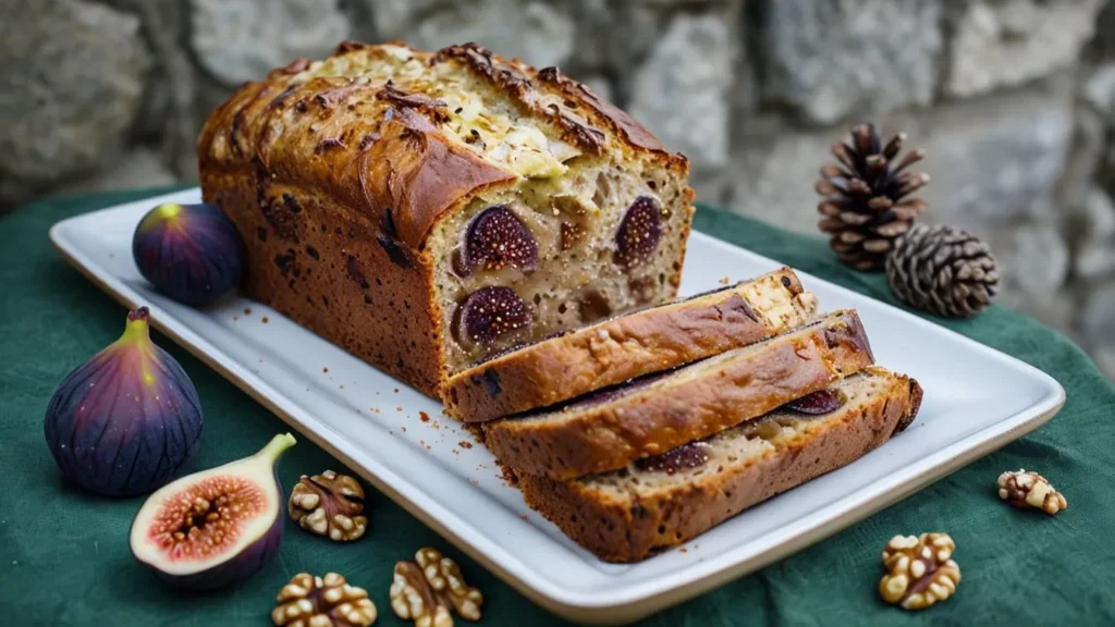 Un cake salé aux figues, noix et roquefort coupé en tranches sur une planche dans une cuisine maison.