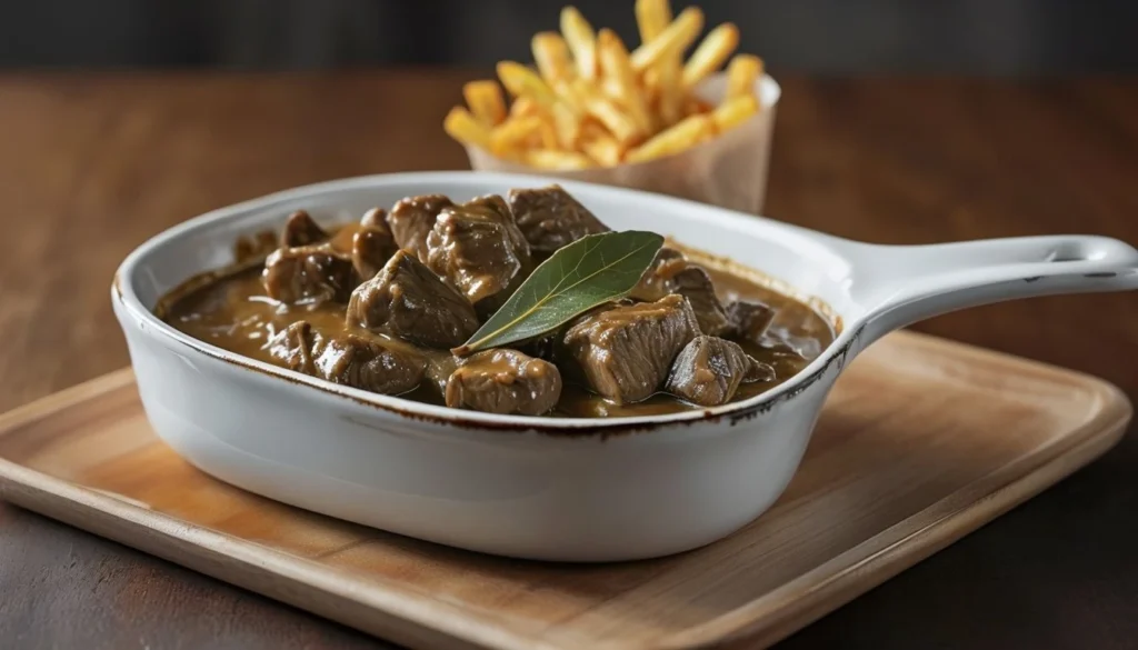 Carbonnade flamande maison servie avec des frites dans une cuisine familiale.