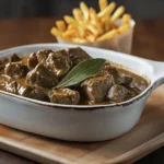 Carbonnade flamande maison servie avec des frites dans une cuisine familiale.