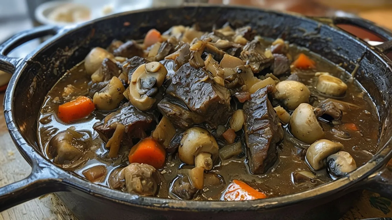 Civet de sanglier à la provençale prêt à être servi dans une cocotte en fonte avec sa sauce mijotée, photographié dans une cuisine de maison.