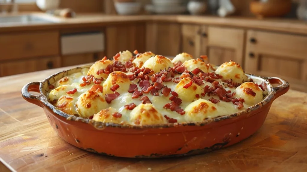 Gratin de crozets à la savoyarde prêt à servir, dans une cuisine maison.