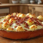 Gratin de crozets à la savoyarde prêt à servir, dans une cuisine maison.