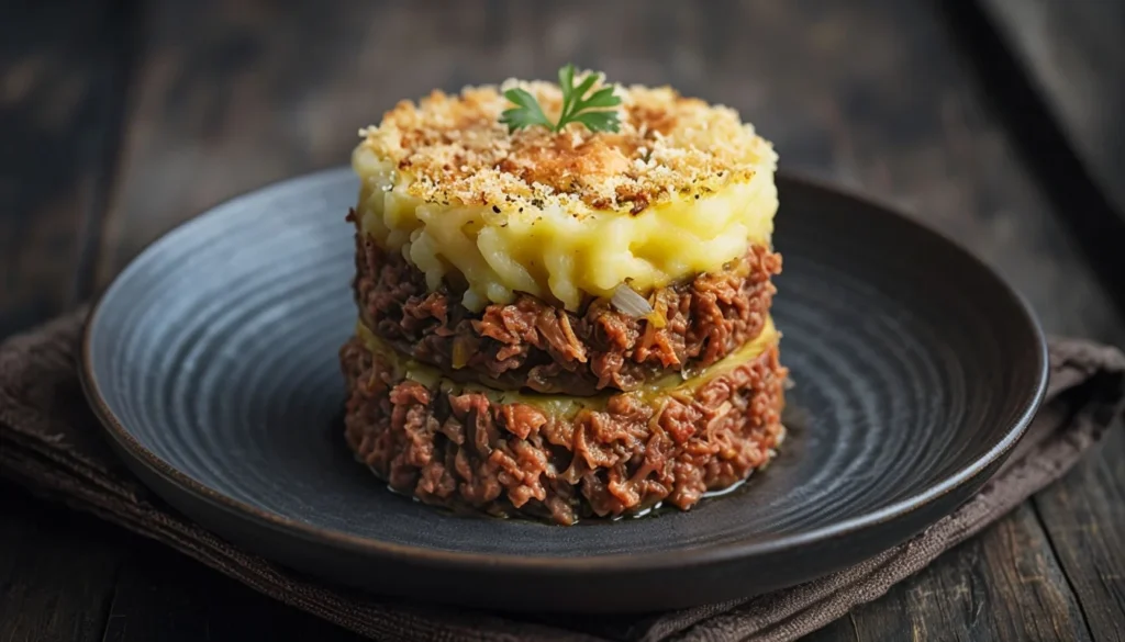 Parmentier de canard confit doré dans un plat en céramique avec purée gratinée, sur un comptoir de cuisine familiale.