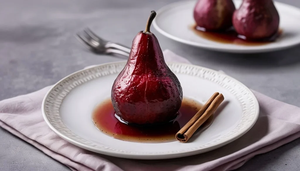 Poires pochées au vin rouge servies avec un sirop réduit et des épices.