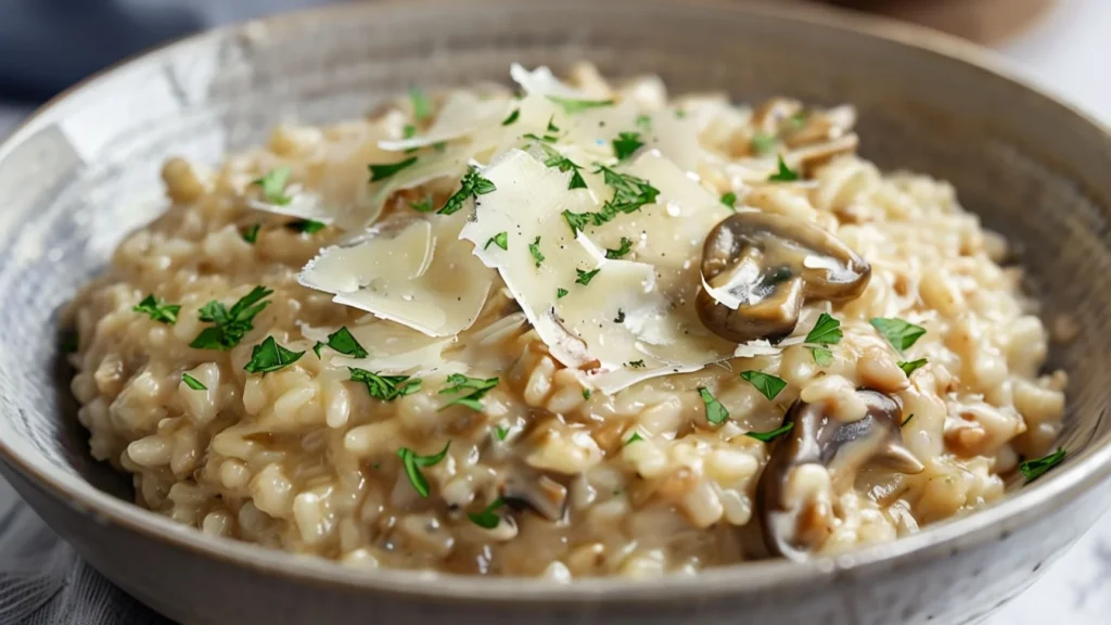 Bol de risotto aux champignons des bois et parmesan, garni de copeaux de parmesan et de persil frais, dans une cuisine de maison