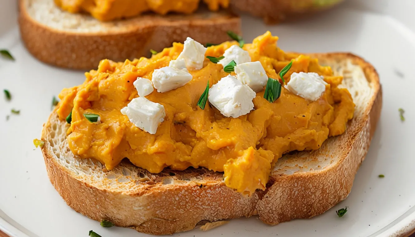 Tartinade de potiron et feta sur toasts grillés dans une cuisine de maison