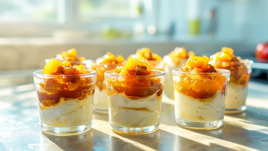 Verrines maison de mousse de chèvre et chutney de pommes présentées sur un plan de travail en bois dans une cuisine chaleureuse.