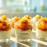 Verrines maison de mousse de chèvre et chutney de pommes présentées sur un plan de travail en bois dans une cuisine chaleureuse.