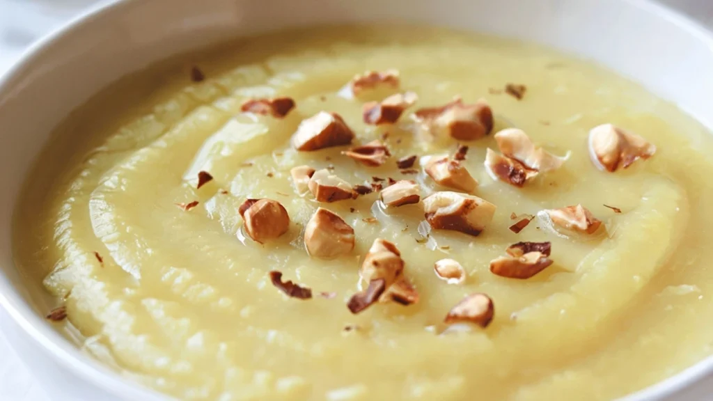 Velouté de panais crémeux garni de noisettes grillées dans une cuisine maison