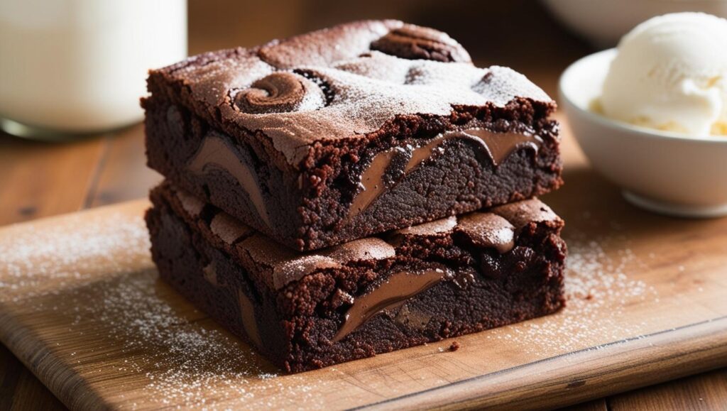 Brownie au Nutella maison fondant dans une assiette, pris en photo dans une cuisine familiale.