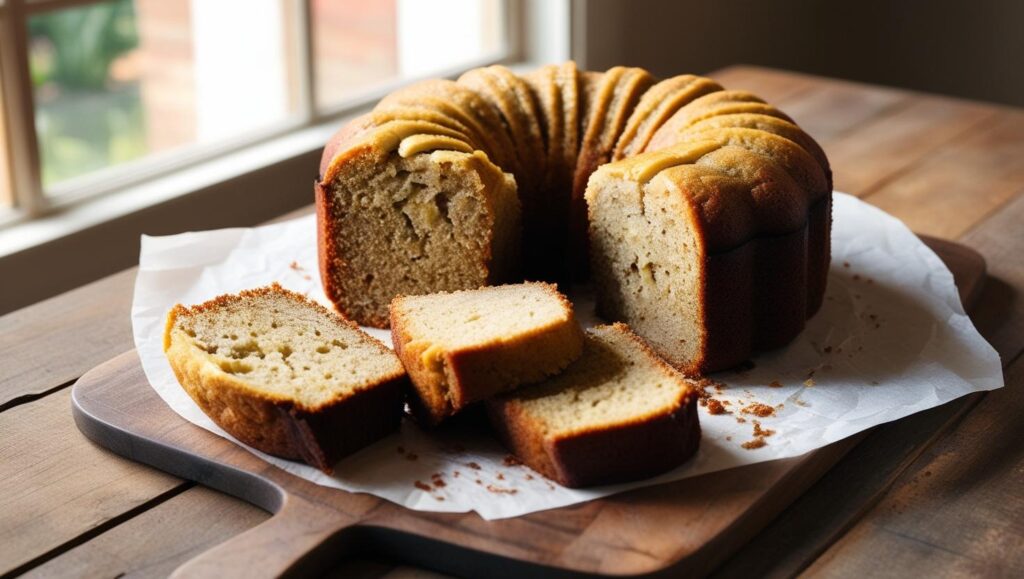 Cake à la banane moelleux posé sur une assiette dans une cuisine maison