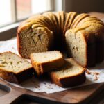 Cake à la banane moelleux posé sur une assiette dans une cuisine maison