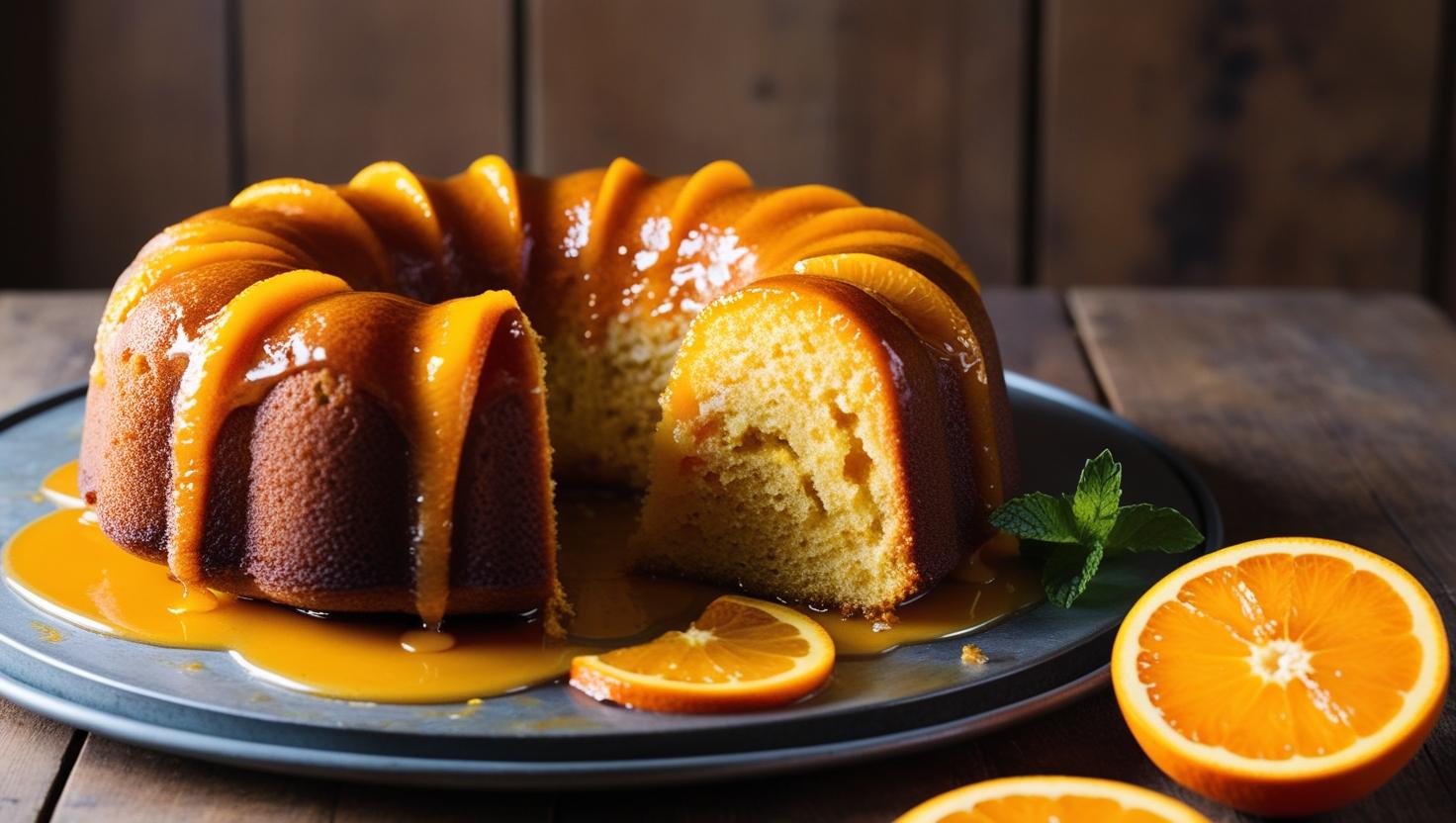 Cake à l’orange maison imbibé de sirop, présenté dans une cuisine familiale